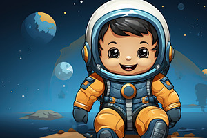 Cute Astronaut Boy In The Outer Space Illustration. Cartoon Styl