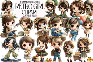 Watercolor Retro Girl Clipart, an Illustration by Daily.Designs