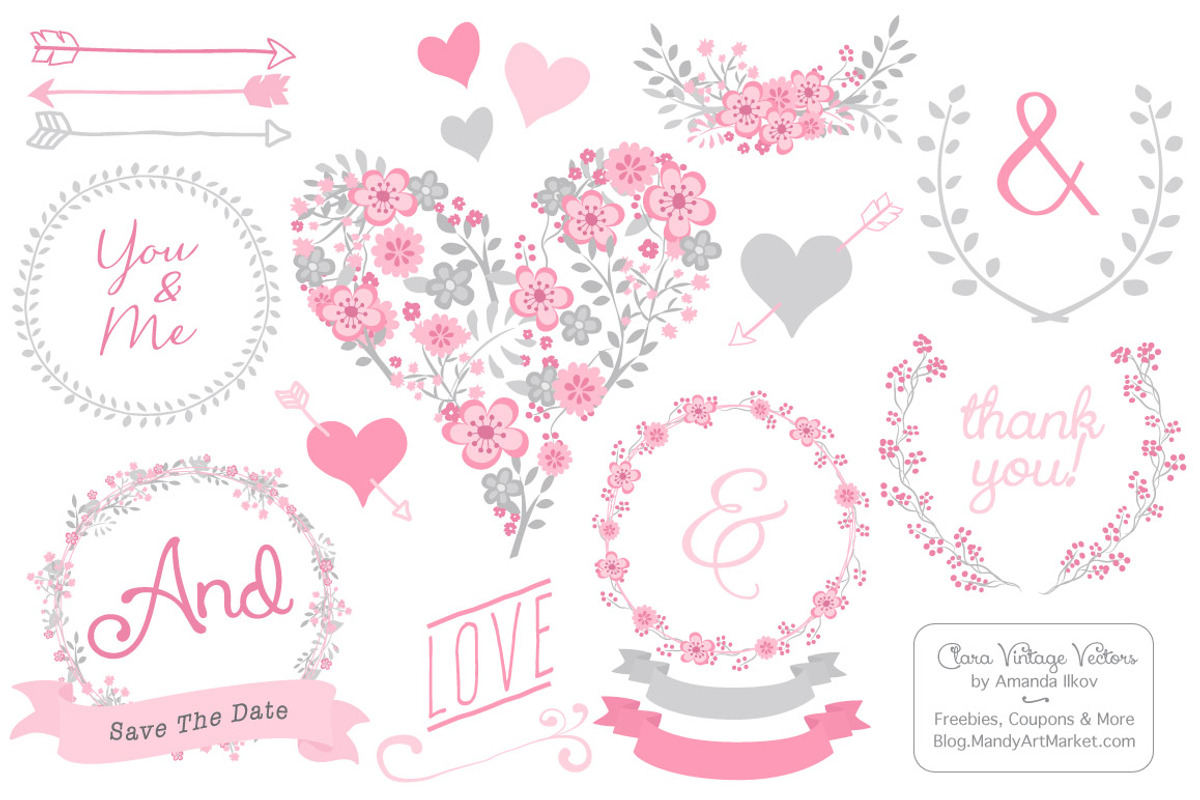 Pink & Grey Floral Heart Clipart, an Illustration by Amanda Ilkov (Photo 1 of 4)