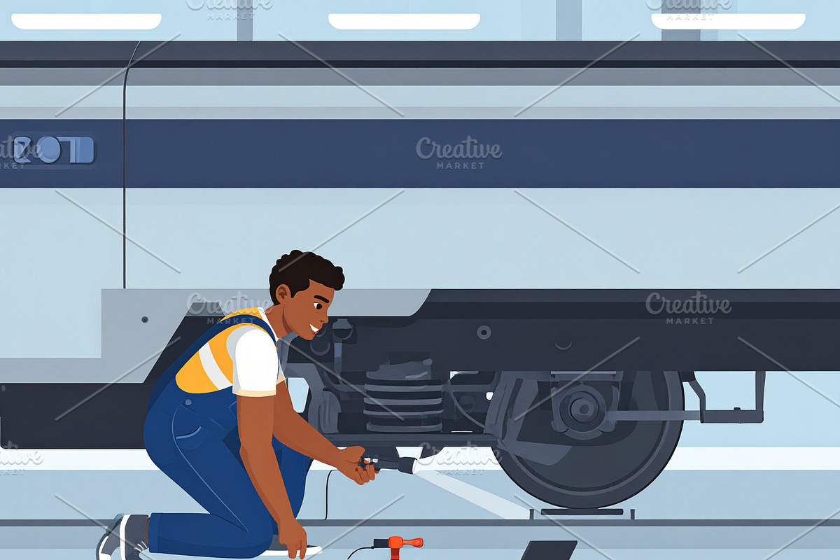 Flat cartoon illustration of train mechanic cheking a train whee, a Person Illustration by DanFLCreativo