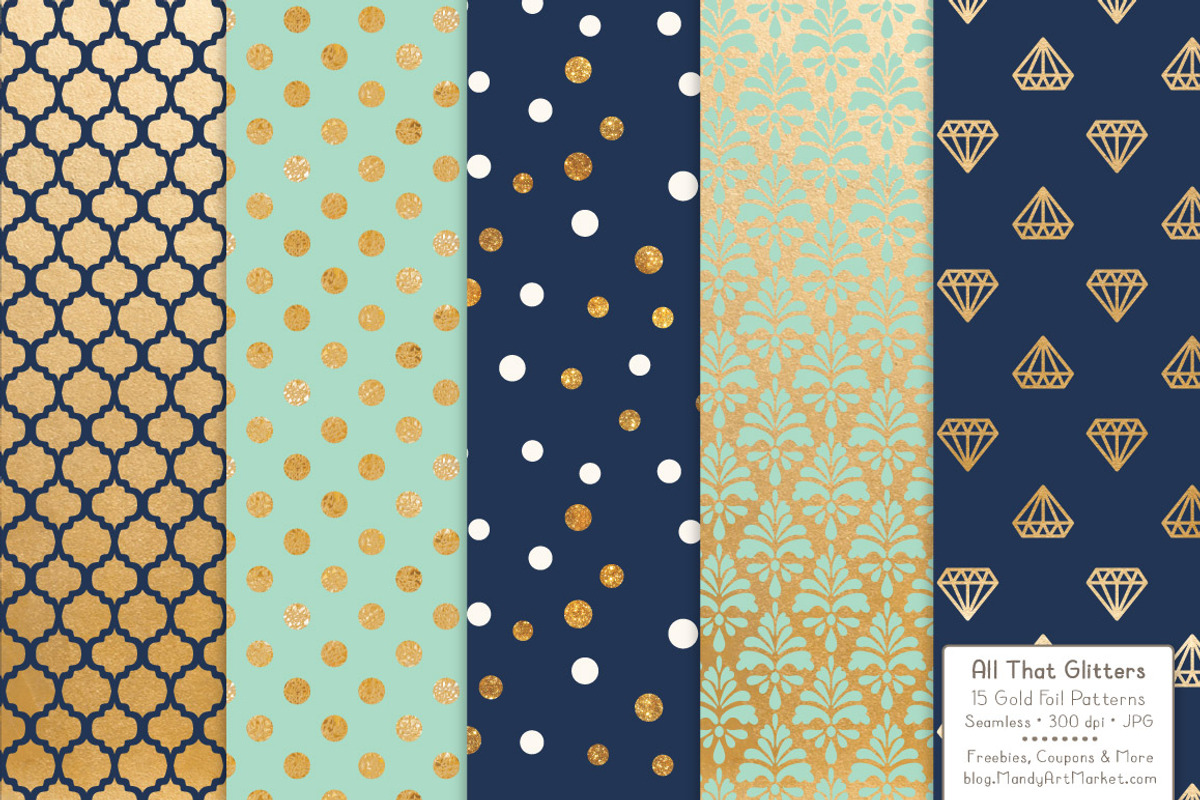 Navy & Mint Gold Foil Digital Papers, a Pattern Graphic by Amanda Ilkov (Photo 3 of 4)