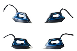 Collection of views of blue steam iron isolated white, a Technology Photo by Davizro's Market
