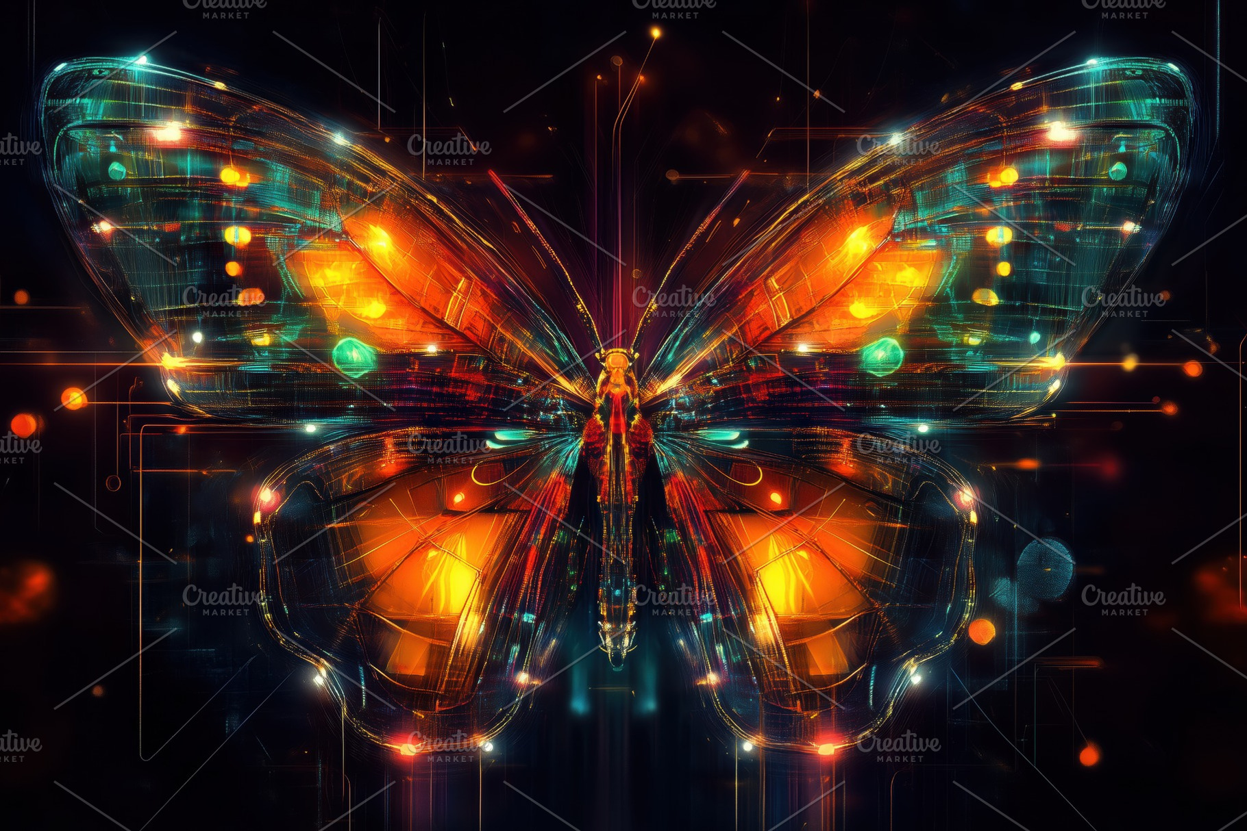 A vibrant, digitally rendered butterfly with glowing orange and blue patterns,, an Animal Photo by Textures & Backgrounds