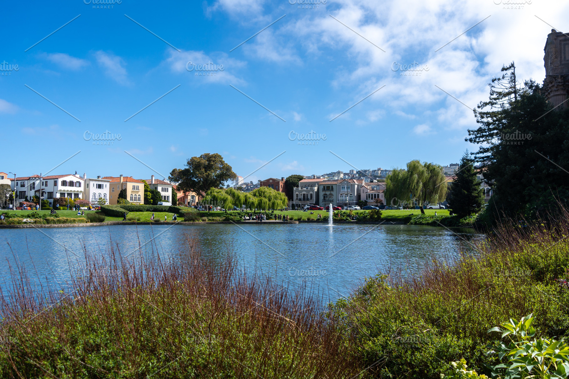 Pond at Palace of Fine Arts with scenic houses, San Francisco, U, a Photo by GoodGoods