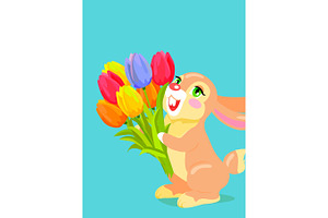 Cute Bunny Holding Bouquet Of Tulip Cartoon Vector