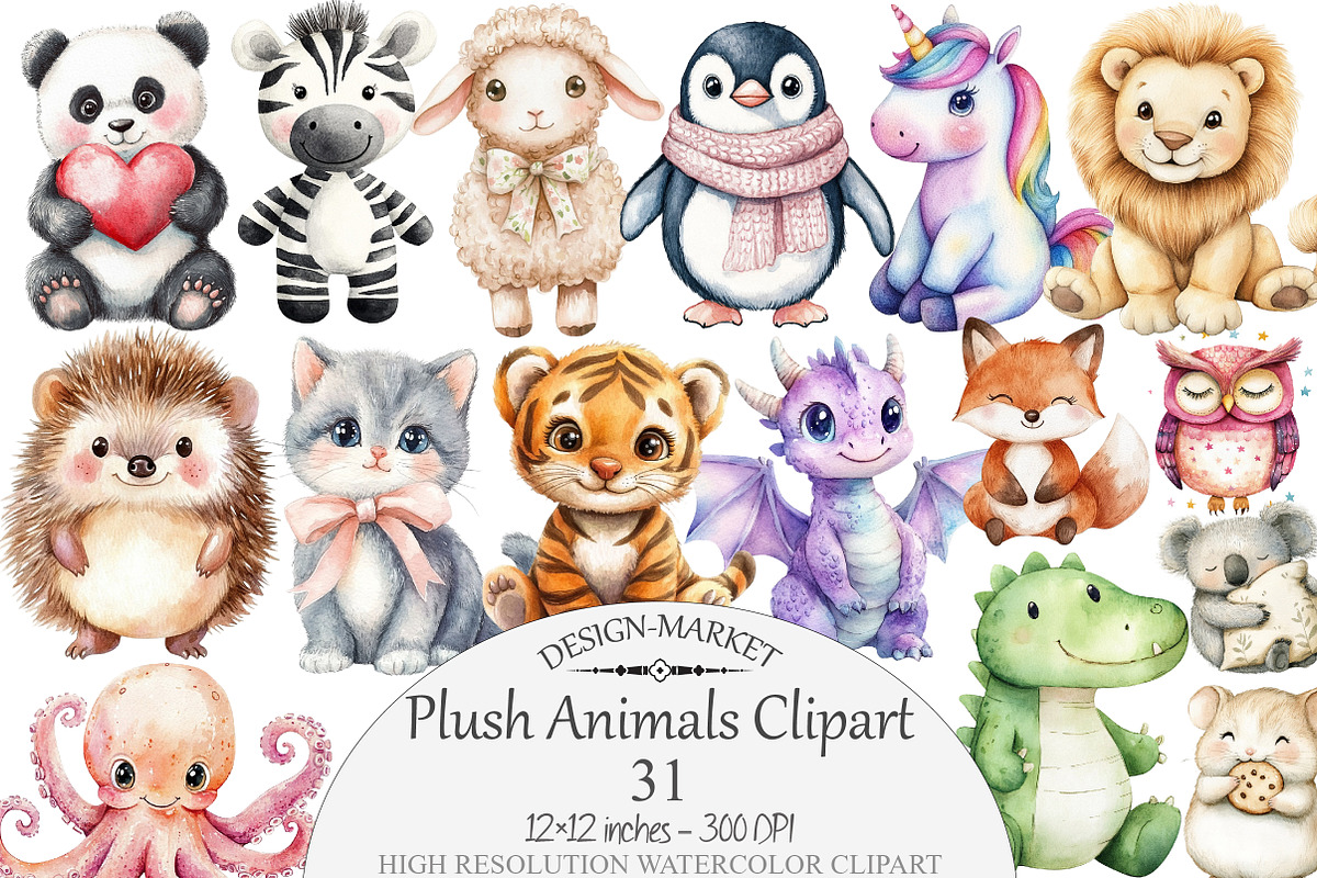 Watercolor Plush Animals Clipart, a Seasonal Illustration by Design Market (Photo 1 of 4)