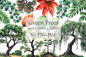 Green Trees and Leaves Clipart, an Illustration by Libby Wishes