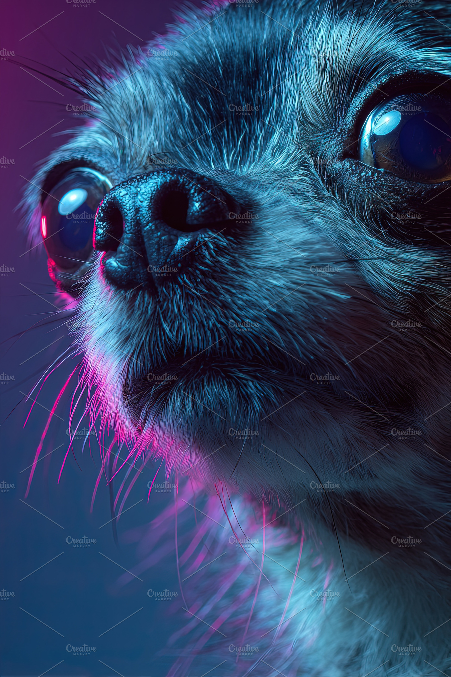 Close-up portrait of a Chihuahua dog under vibrant neon lighting, an Abstract Photo by Ales Munt