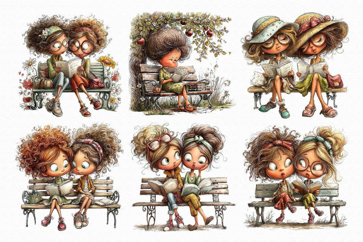 Bench friends Women reading Clipart, an Illustration by Libby Wishes (Photo 2 of 8)