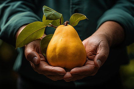 Ripe yellow quince with green leaves in hands, set against a blurred natural ba, a Food & Drink Photo by Textures & Backgrounds
