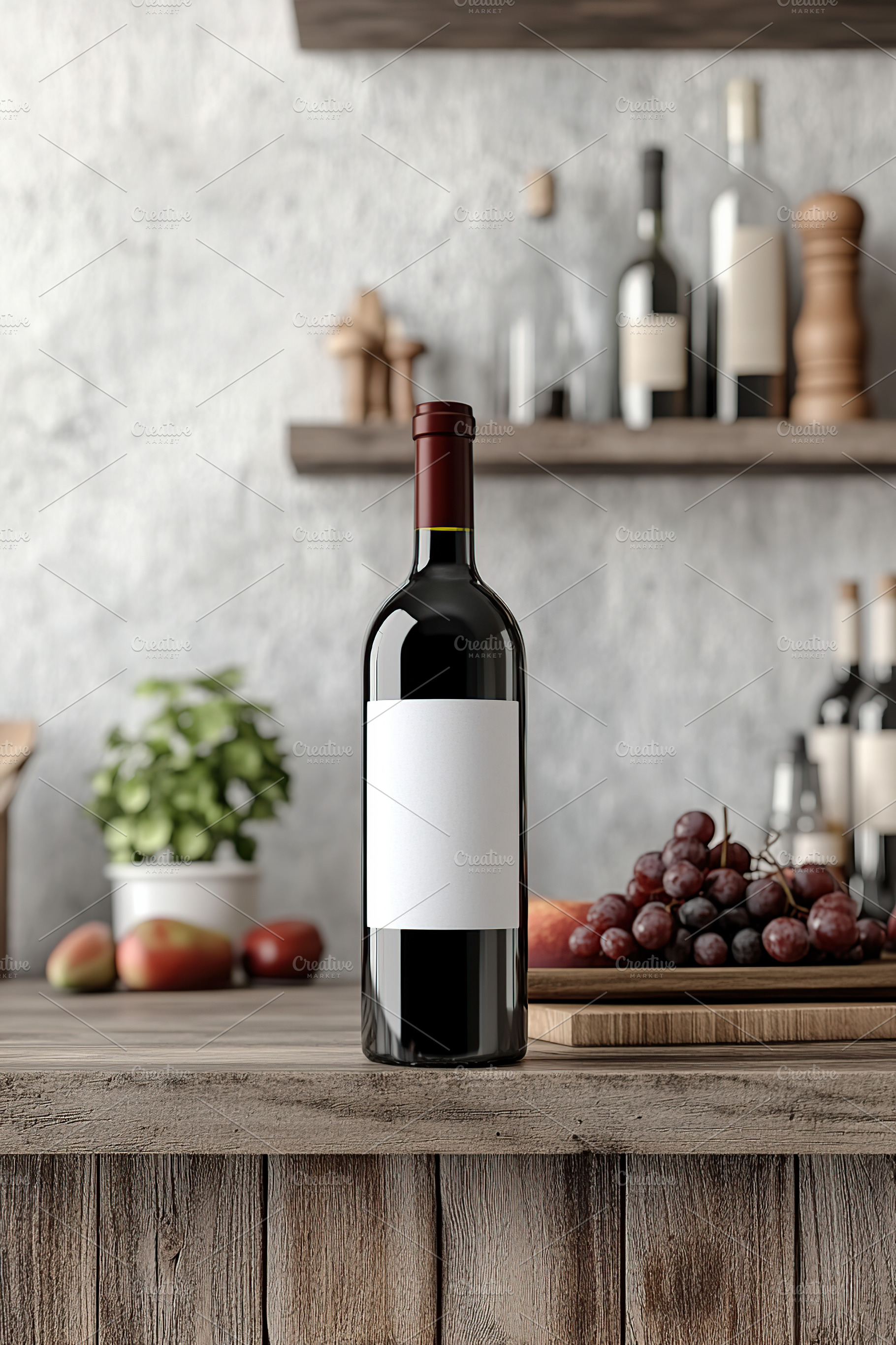 Wine bottle on wooden table with grapes and shelves in the background, a Food & Drink Photo by AlyaAnd