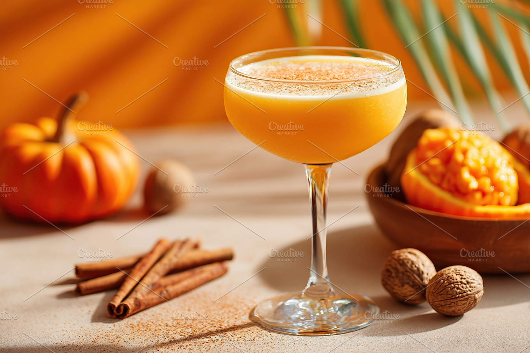 Fall-inspired cocktail with pumpkin and spices on a rustic table, a Food & Drink Photo by AlyaAnd