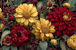 Vibrant floral bouquet red and gold, a Photo by Pixeness Studio