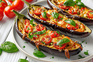 Eggplant stuffed with cheese and tomatoes in plate, a Food & Drink Photo by AlyaAnd