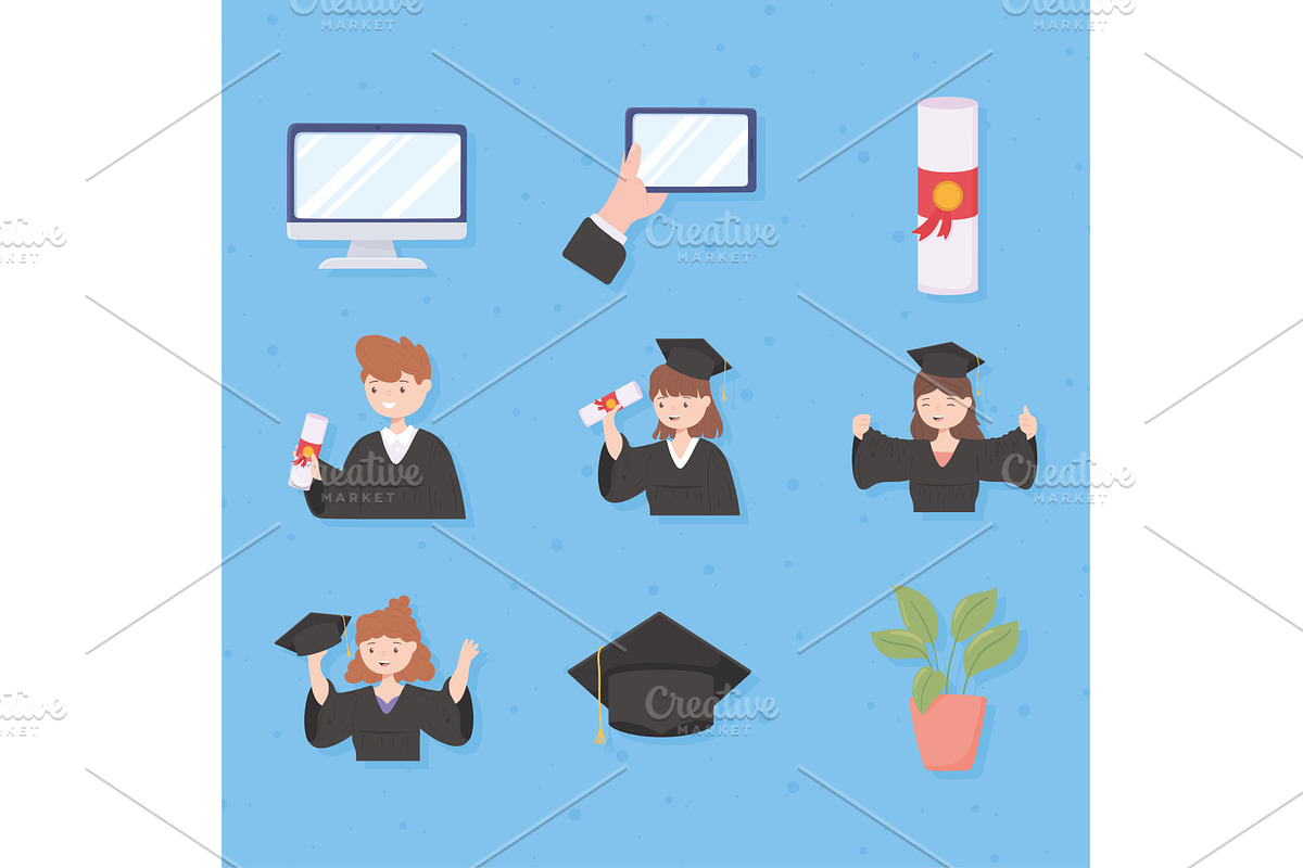 virtual graduation students, a Person Illustration by studiogstock
