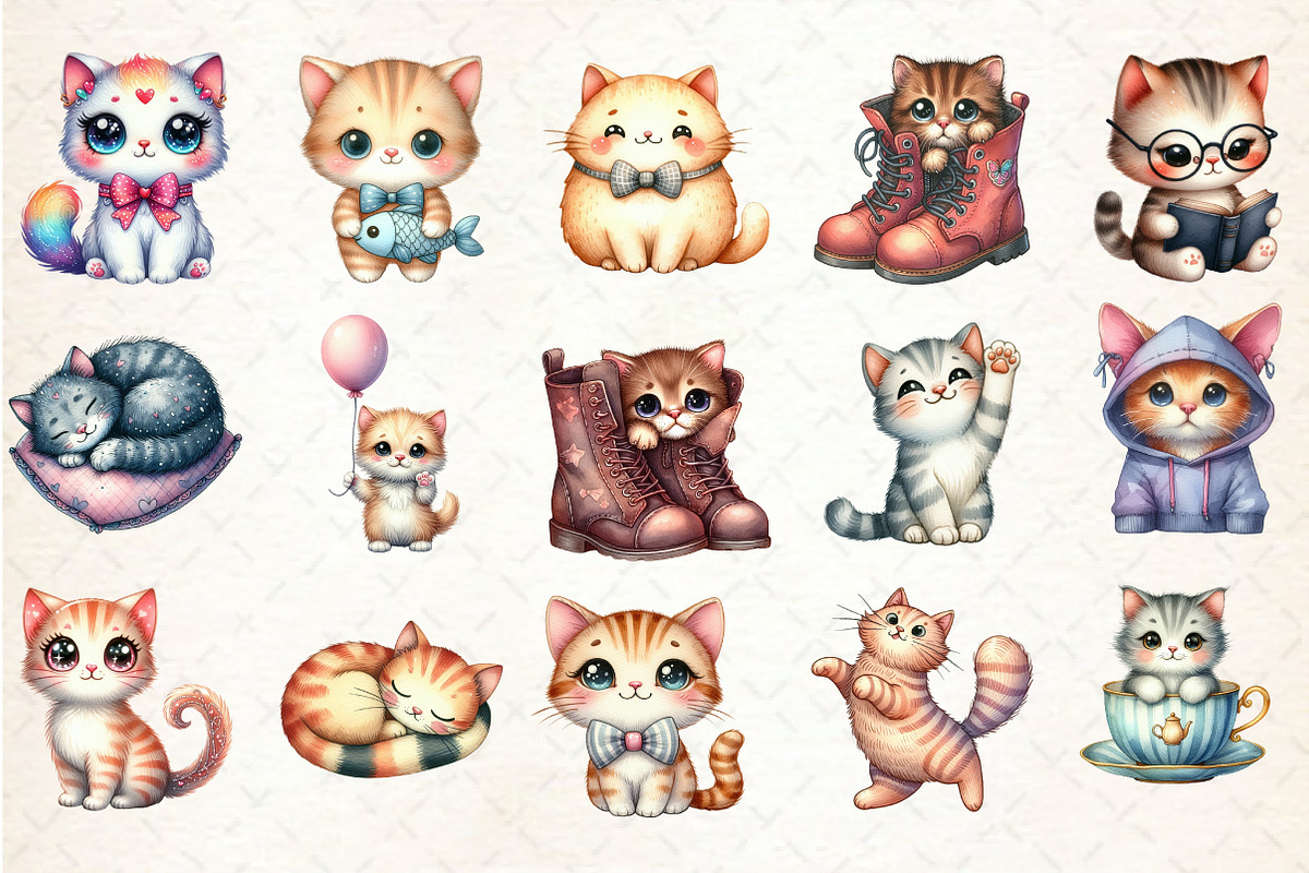 Watercolor Cute Doodle Cat Clipart, an Animal Illustration by Rose Art (Photo 3 of 7)