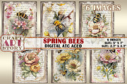 Spring bees card set,Collage insects, a Decorative Illustration by CraftArtStory (Thumbnail 1 of 3)