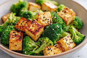 Deliciously cooked tofu with sesame seeds and fresh broccoli in a rustic bowl, a Food & Drink Photo by AlyaAnd