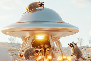 Raccoons explore futuristic UFO in d, a Photo by Dvoevnore photos