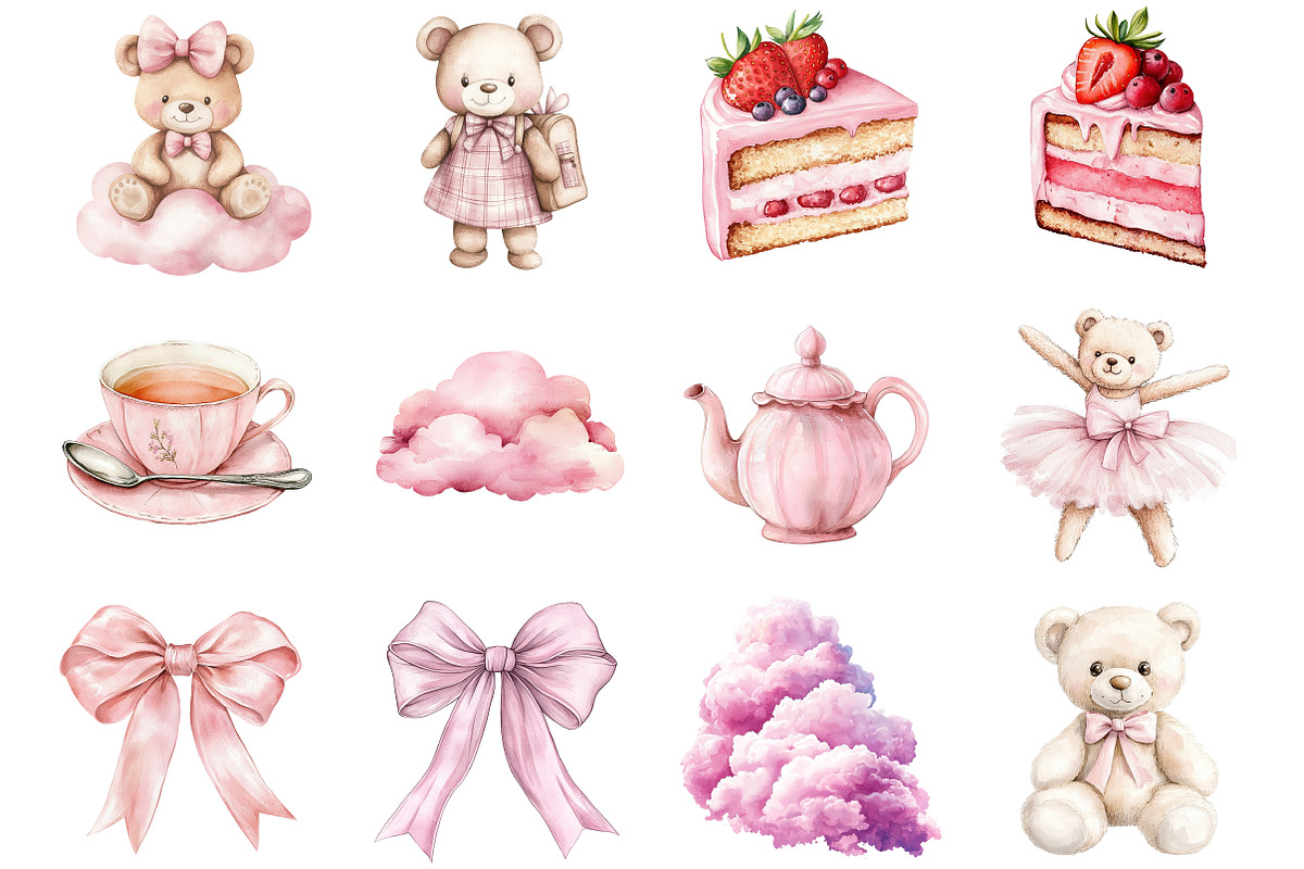 Watercolor Pink Teddy Bear Clipart, a Seasonal Illustration by CitraGraphics (Photo 3 of 3)