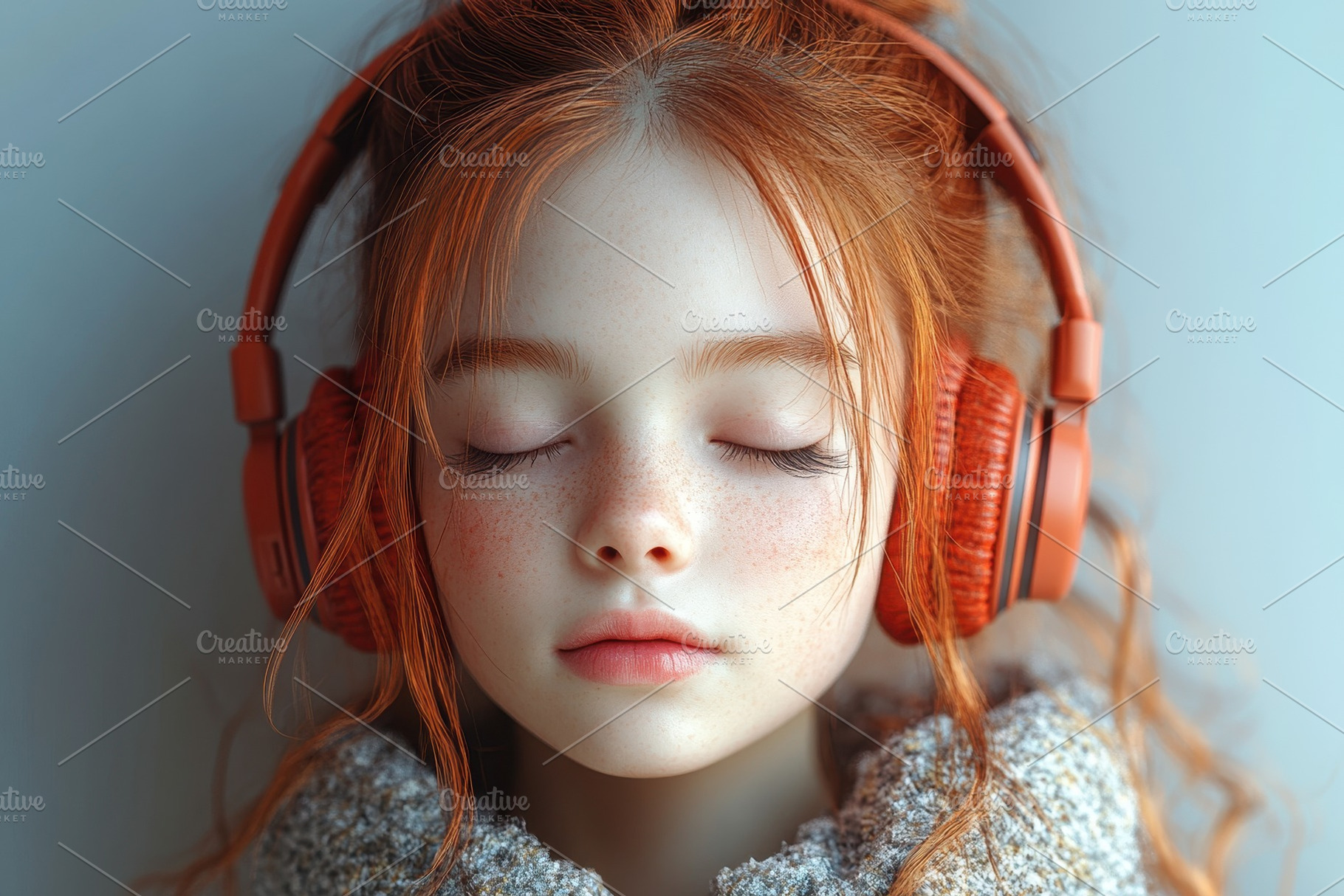 Girl with red hair enjoys music whil, a Photo by Tanuart