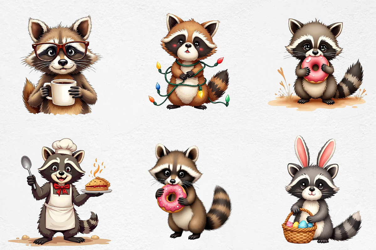 Quirky and Funny Raccoons Clipart, an Illustration by CrexoraLab (Photo 3 of 5)