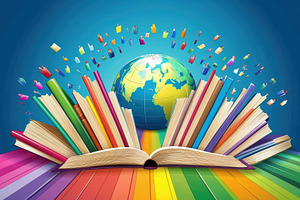 Colorful open books surround a globe, a Photo by Tanuart