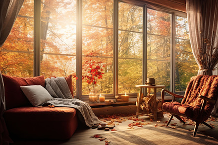 Scandinavia interior with big windows and autumn season. Generative AI, an Arts & Entertainment Photo by AlyaAnd