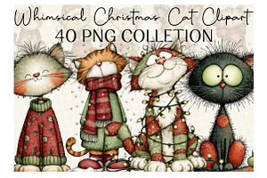 Whimsical Christmas Cat Clipart, an Illustration by DreamCafeArt
