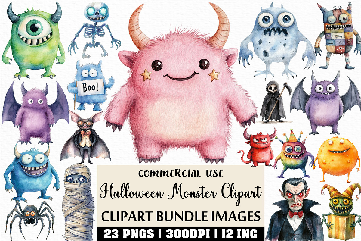 Watercolor Halloween Monster Clipart, an Illustration by Craft Nest (Photo 1 of 6)