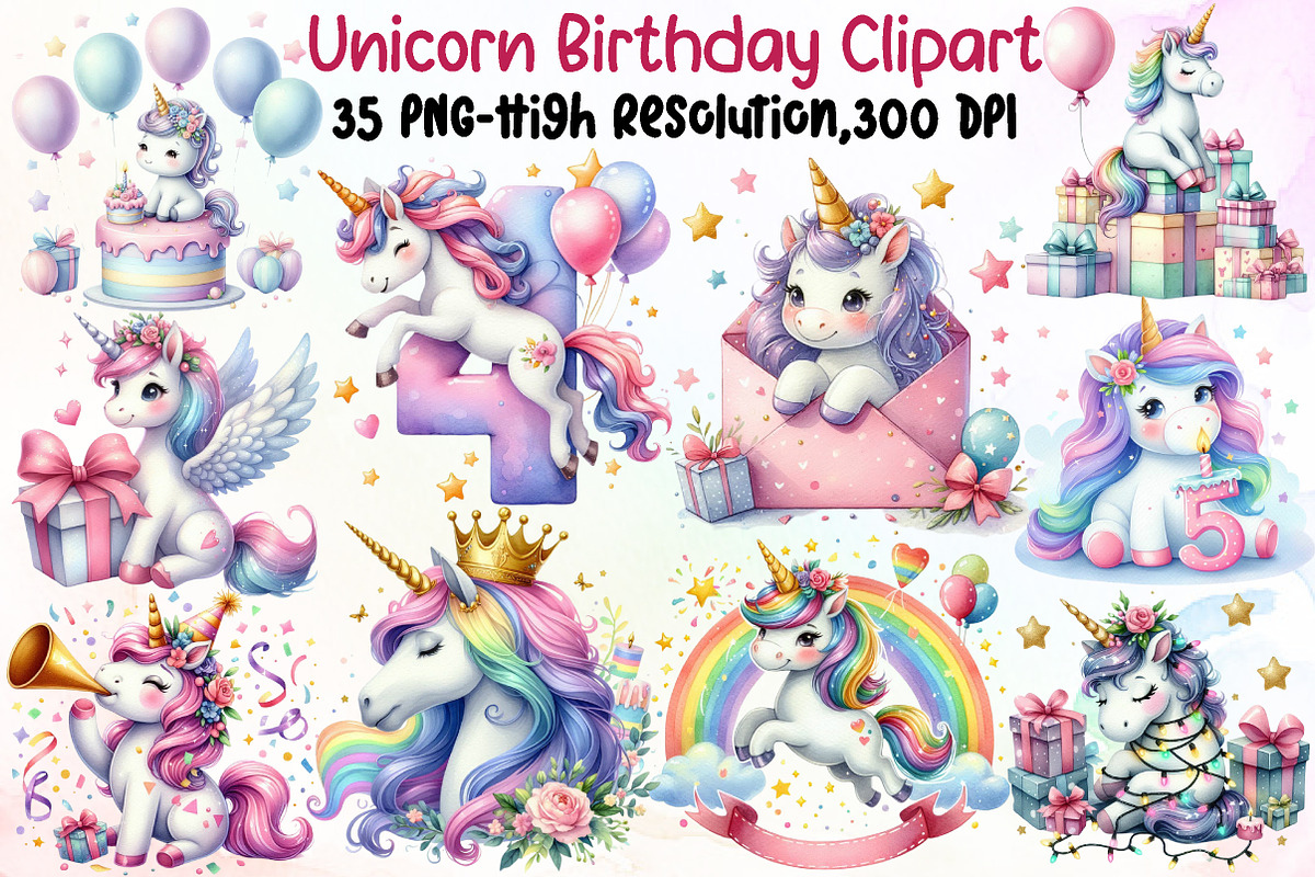 Unicorn Birthday Sublimation Clipart, an Illustration by Sublimation Artist (Photo 1 of 6)