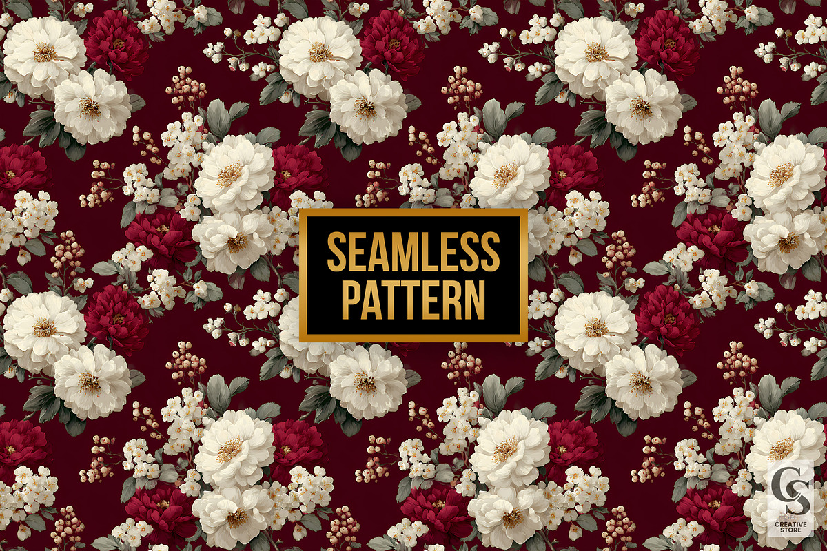Cream & Burgundy Flowers Pattern, a Pattern Graphic by Creative Store (Photo 4 of 5)