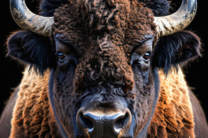 Powerful American bison portrait with horns and curly fur, an Animal Photo by GoodGoods