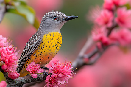 Beautiful small bird on a flowering tree branch, an Animal Photo by AlyaAnd