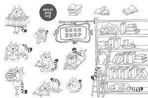 Cat characters in a Bookshop, an Illustration by Anastasiya Klempach