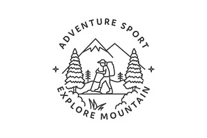 Hiking line art with Mountains, a Branding & Logo Template by Saba Vector