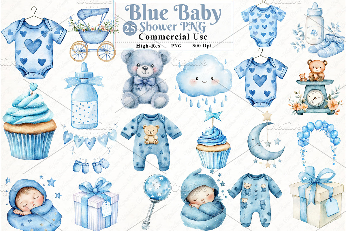 Watercolor Blue Baby Shower PNG Clip, an Illustration by Watercolor design (Photo 1 of 12)