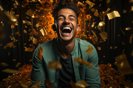 Portrait of a young man in a room with falling gold confetti. Ce, a Person Photo by AS photostudio