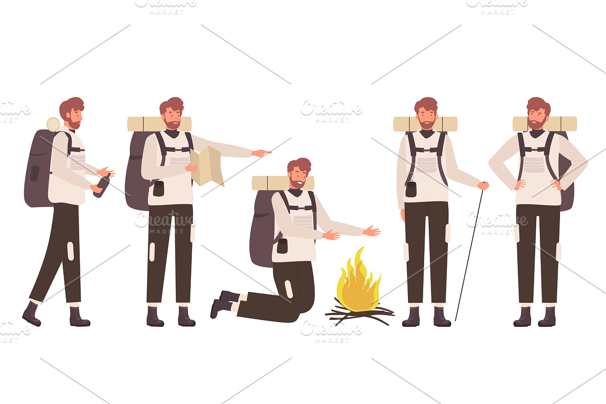Male Tourist Poses Set with Camping, a Sport Illustration by Flashvector