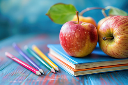 A vibrant still life featuring three red apples on top of colorful books, with, a School & Education Photo by Textures & Backgrounds
