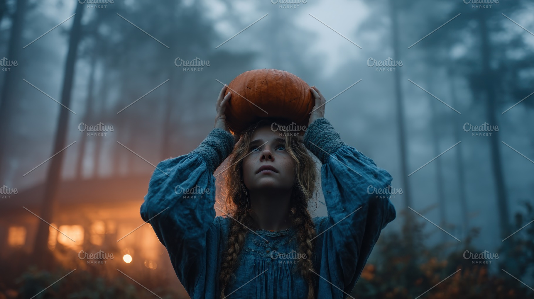 Girl in vintage blue dress holding pumpkin on her head in misty, a Person Photo by José Manuel Gelpi