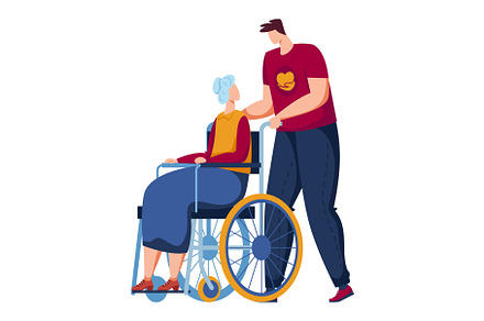 Young man assisting elderly woman in, a Person Illustration by seahorsevector