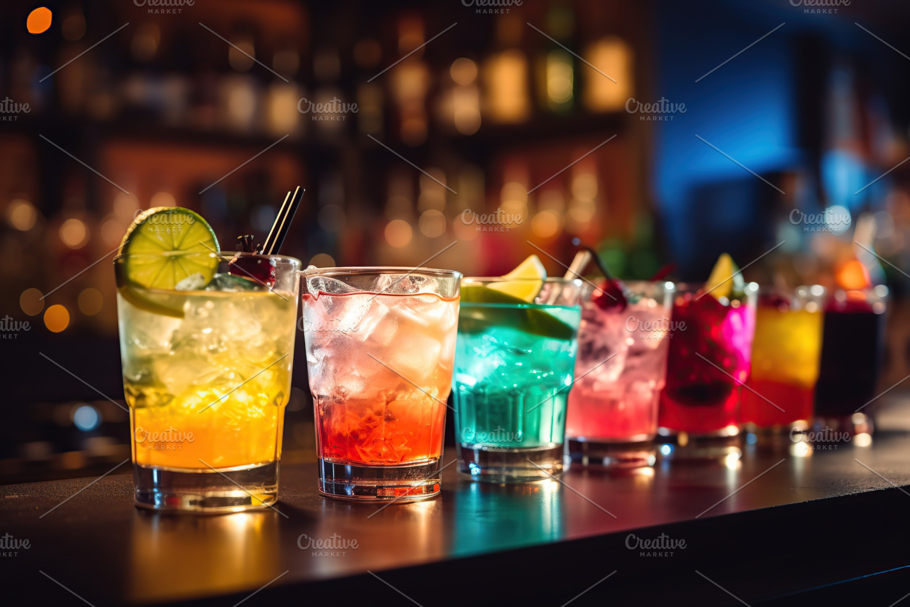 Different alcohol cocktails on bar counter, a Food & Drink Photo by AlyaAnd
