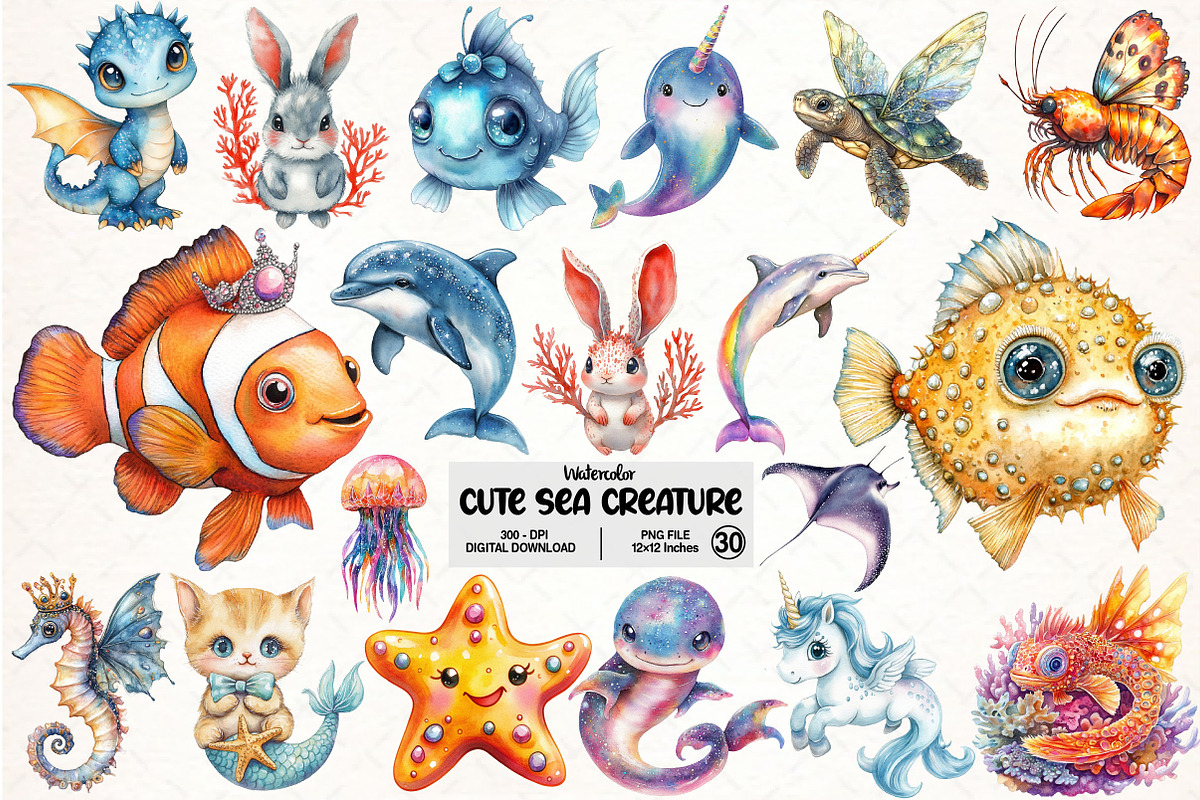 Fantasy Cute Sea Creature Animals, an Illustration by Pixels.Craft (Photo 1 of 7)