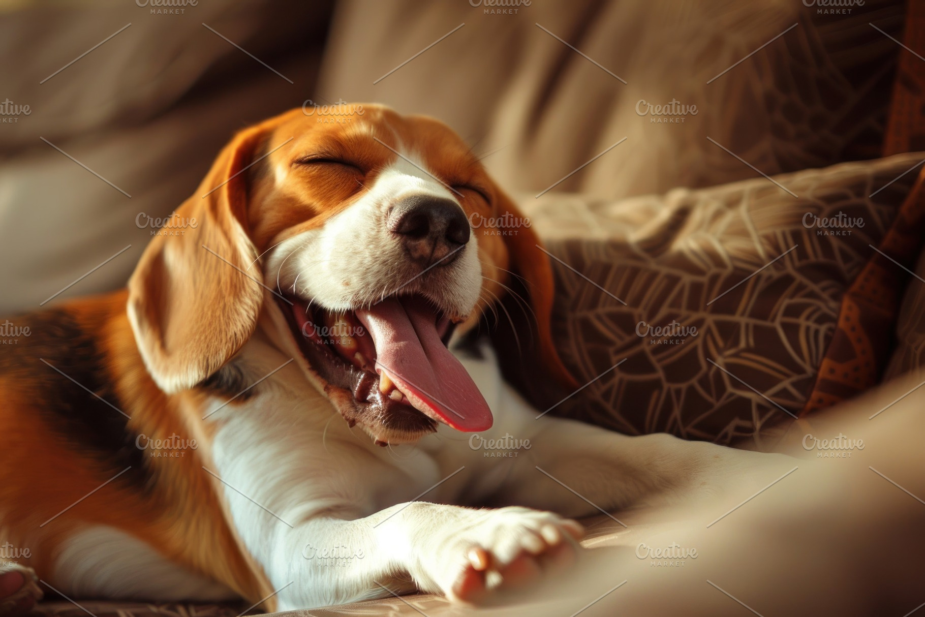 Cozy Beagle Enjoying a Relaxing Yawn on a Comfy Sofa - Generativ, an Animal Photo by José Manuel Gelpi