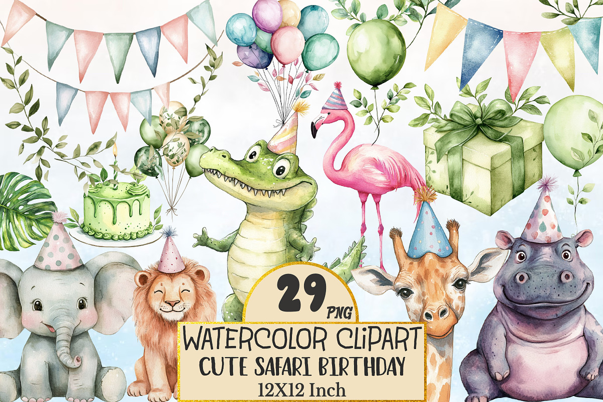 Watercolor Safari Birthday Clipart, a Seasonal Illustration by Rose Art (Photo 1 of 4)