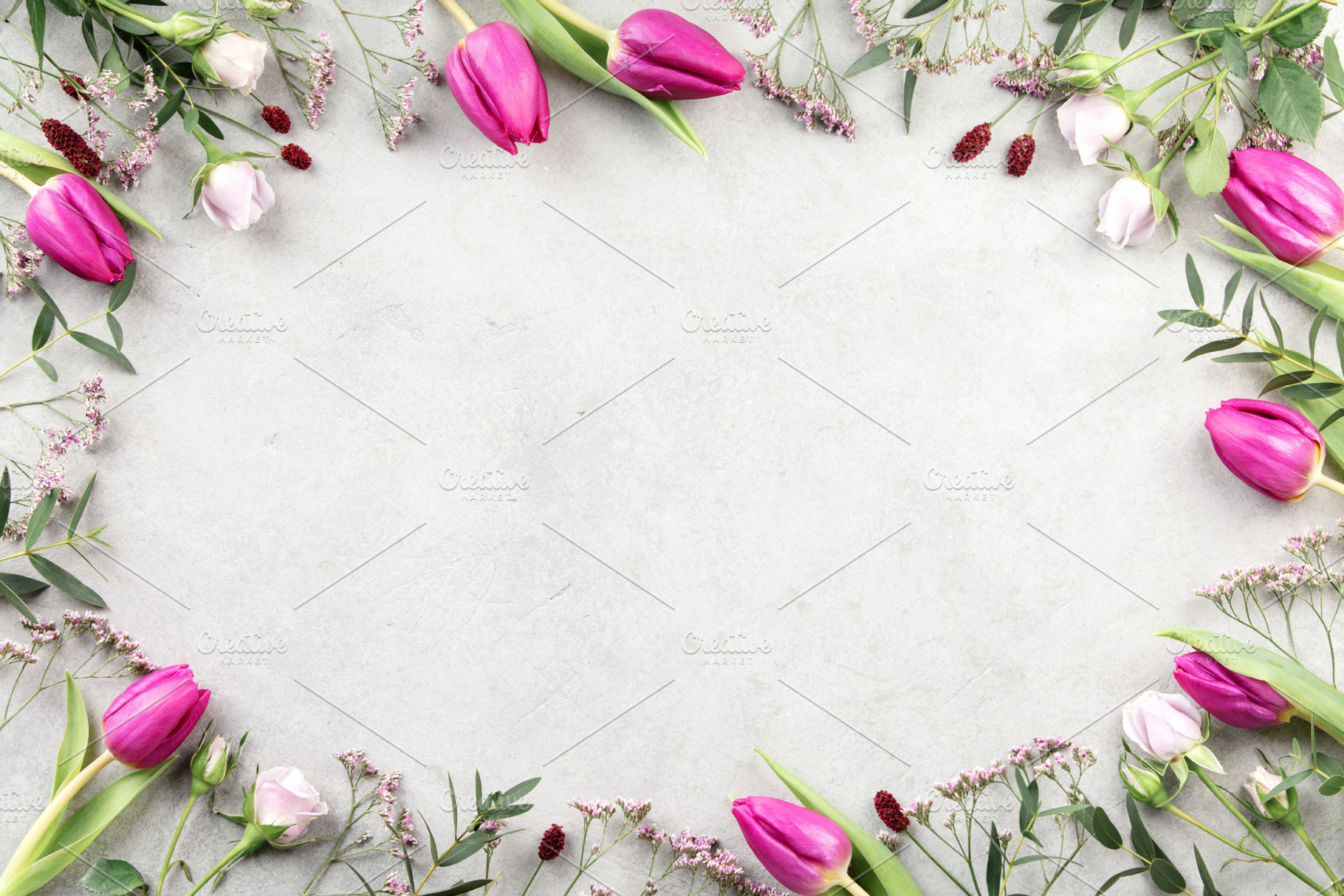 Spring Tulip Floral Frame on Light Stone Background, a Holiday Photo by Natalia Klenova's Shop