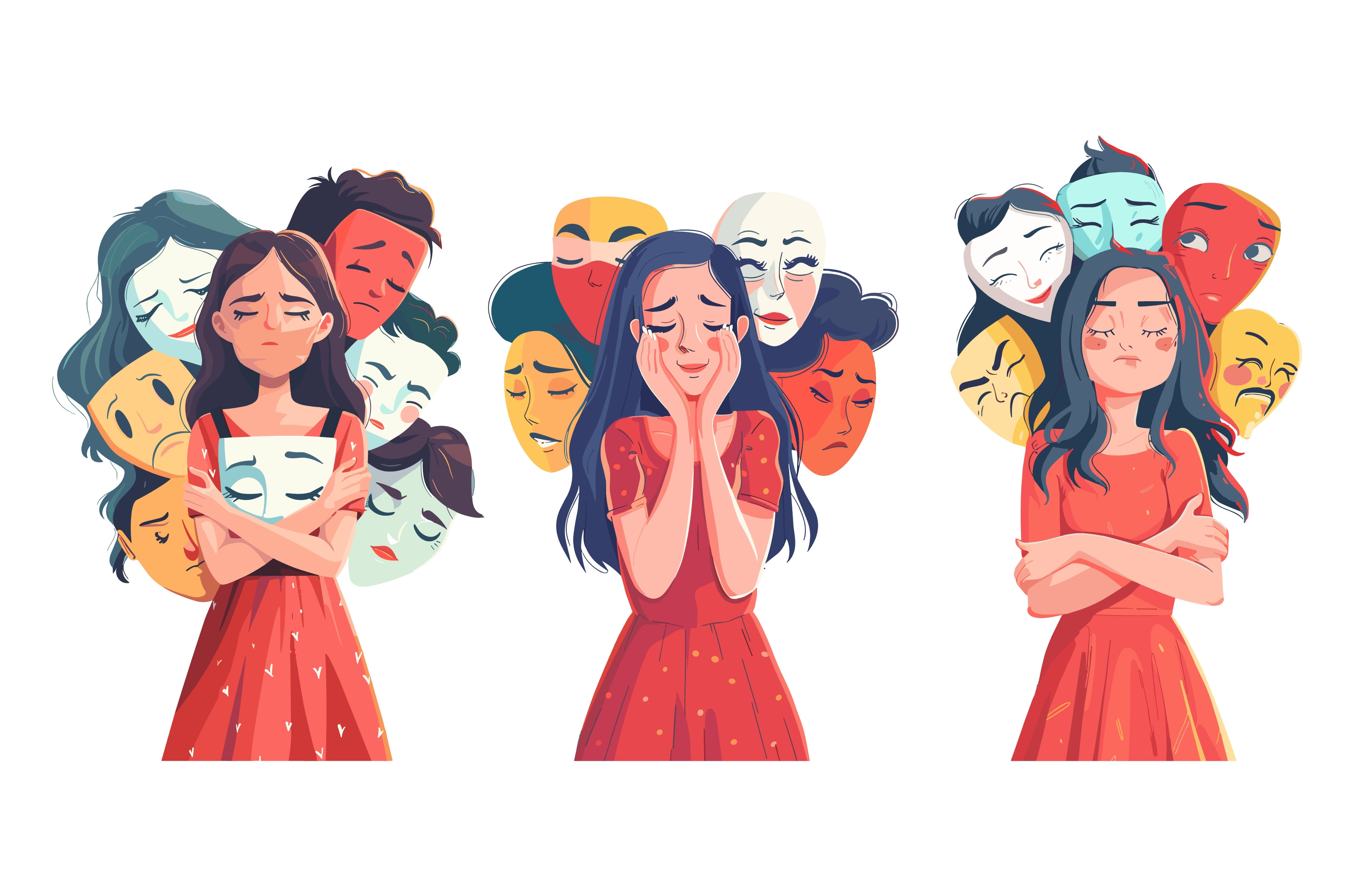 Emotion masks woman cartoon scenes, a Person Illustration by Onyx