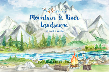 Mountain & River Watercolor Cliparts