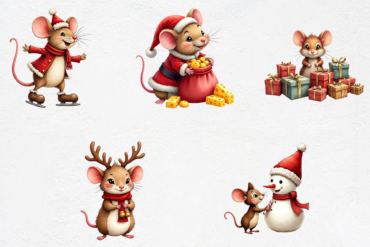 Funny Christmas Mouse Watercolor Cli, an Illustration by CrexoraLab (Photo 3 of 5)